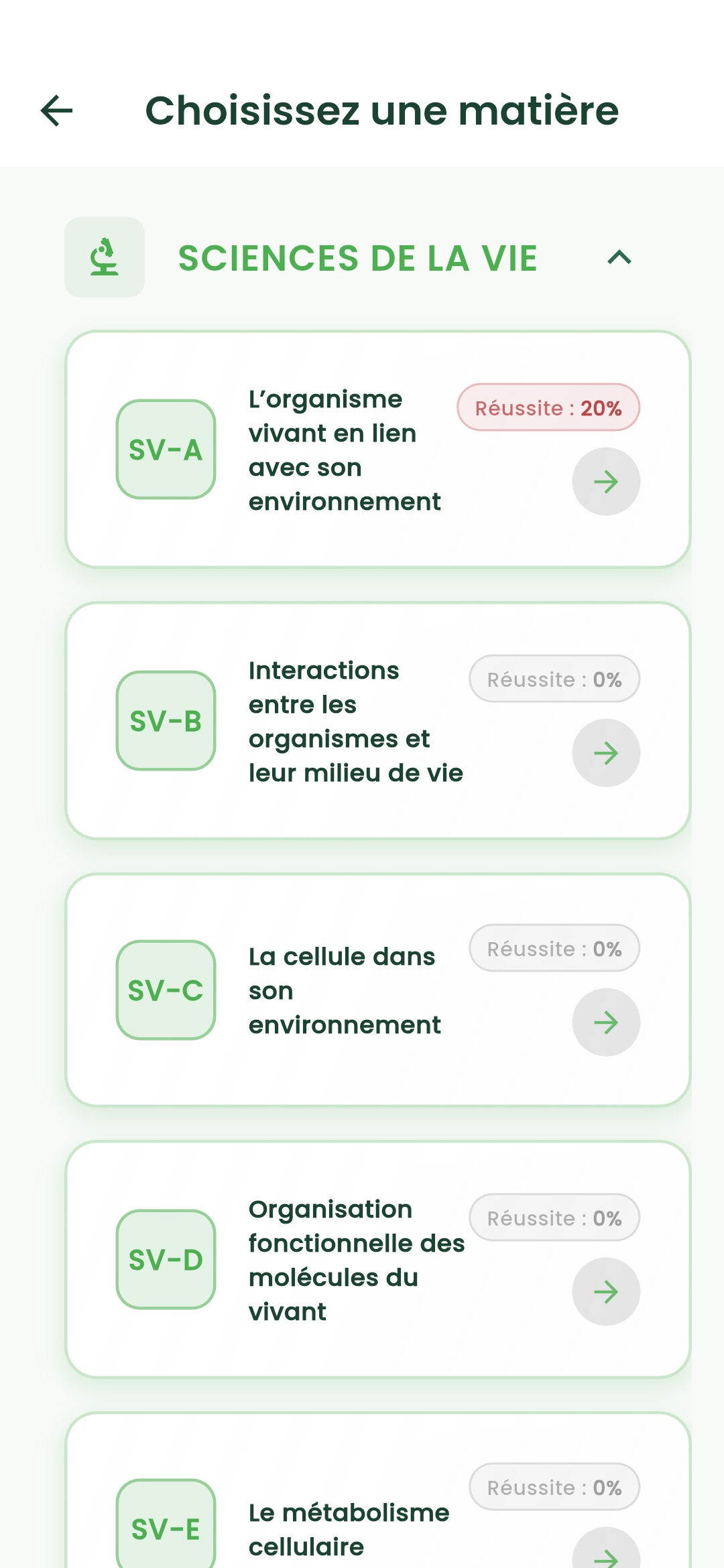 Écran liste des matières et chapitres BCPST