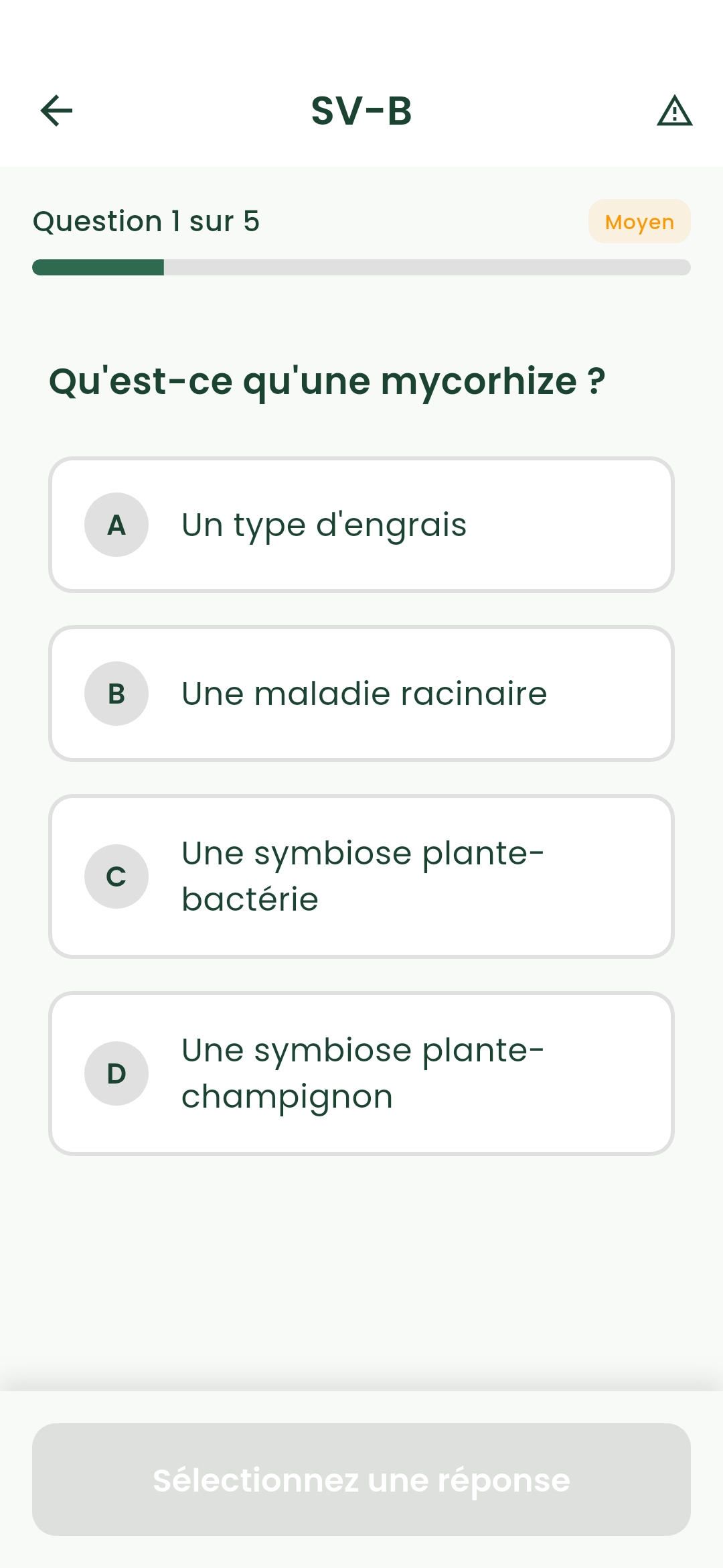 Écran de question QCM en cours