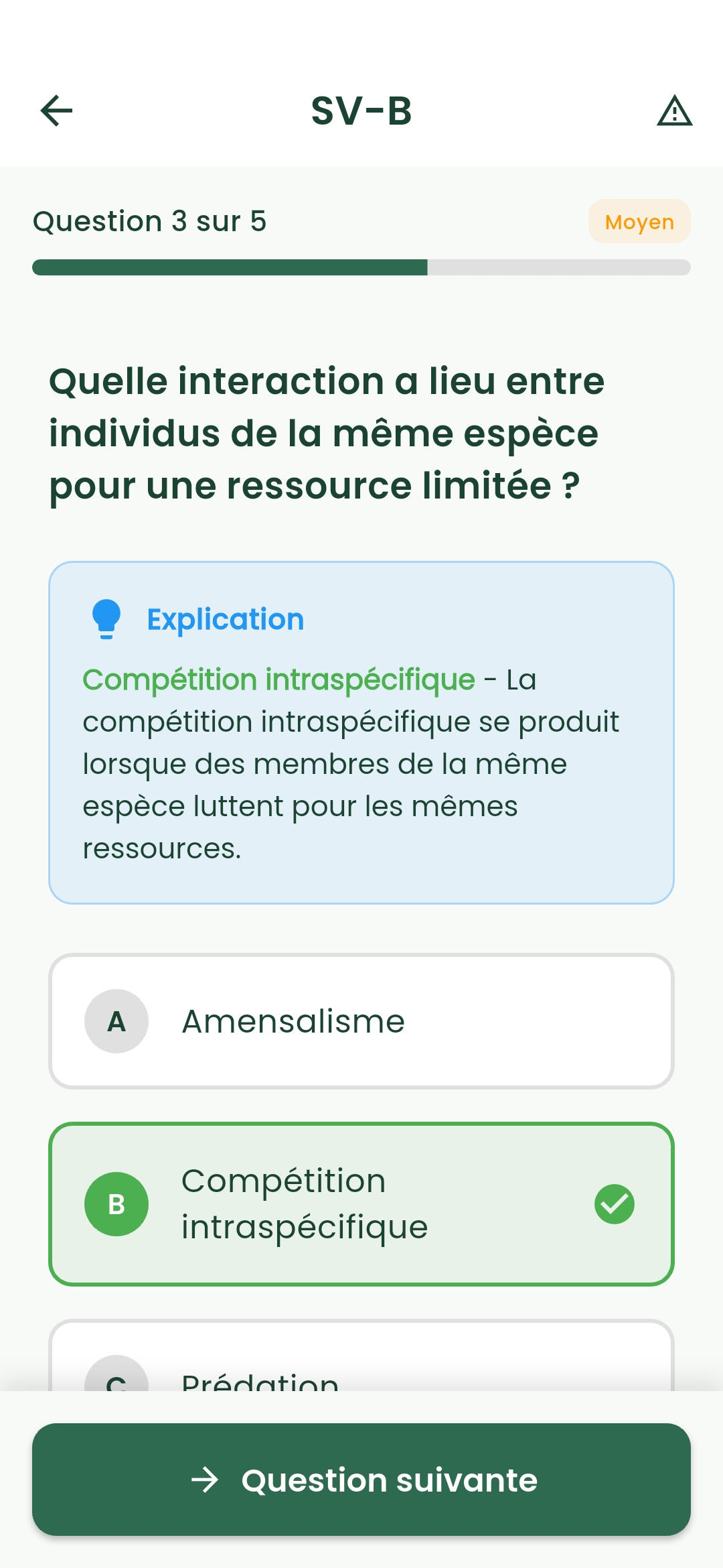 Écran de réponse avec explication détaillée