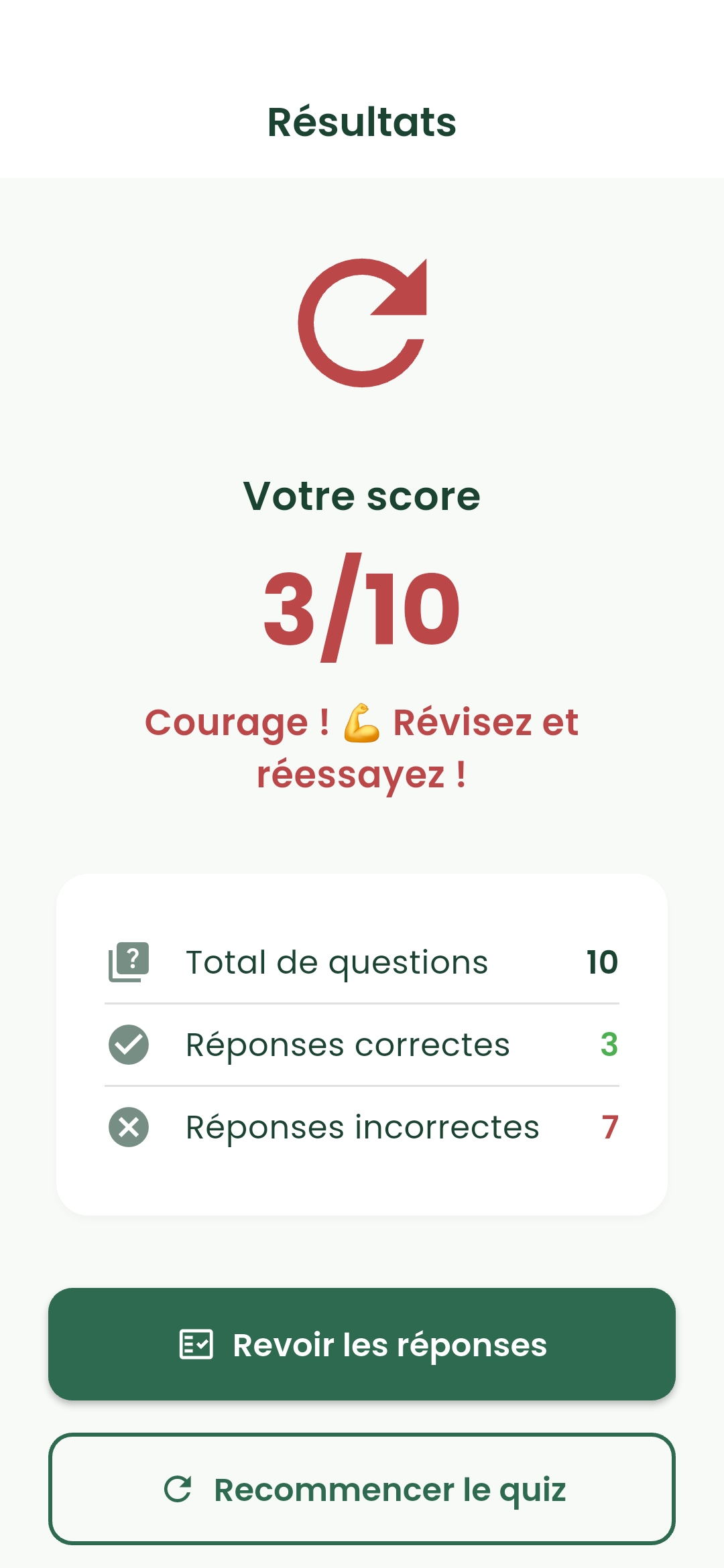 Écran de bilan de session et score